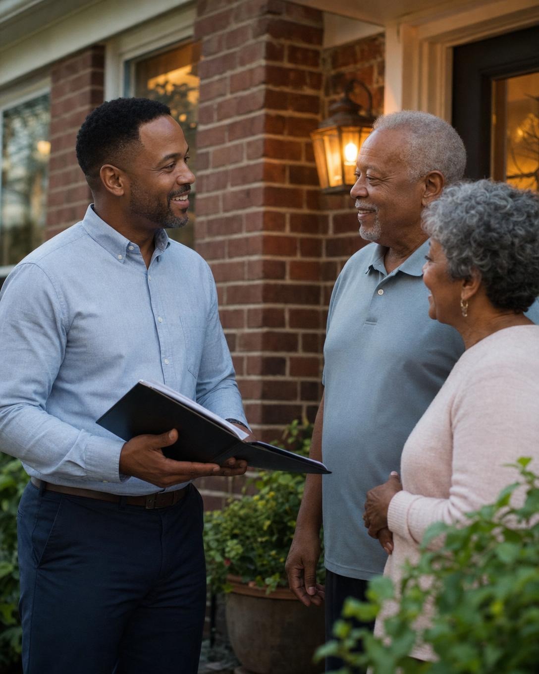 A home buyer talking through paperwork with a couple on their front porch