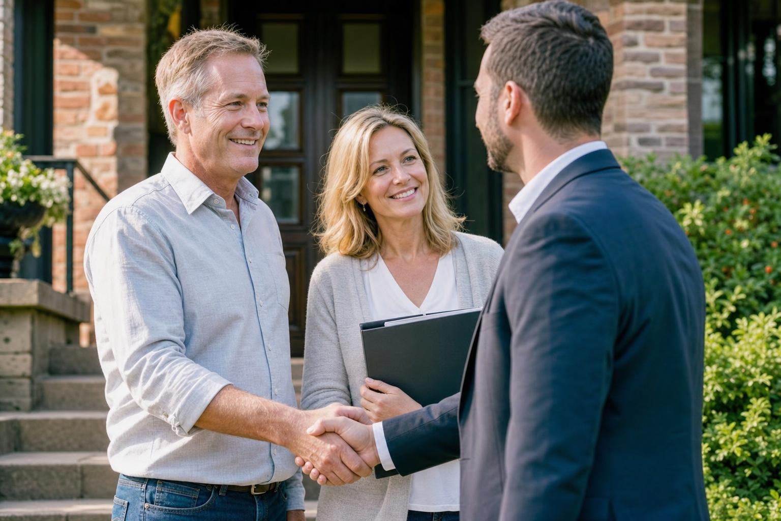 A couple shaking hands with a home buyer on their front steps